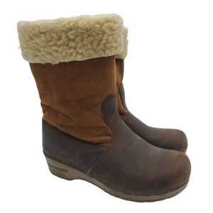Sanita Womens Sz 38 US 7 Roll-top Distressed Leather Suede Clog Boots Sherpa